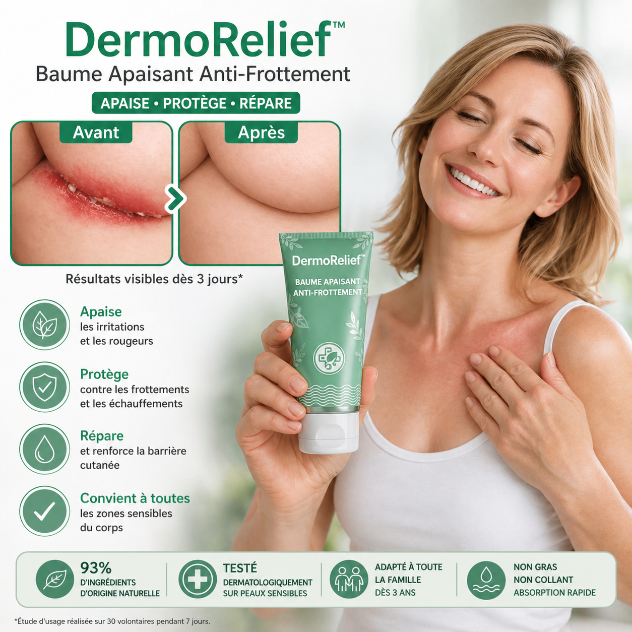 DermoRelief™ Baume Apaisant Anti-Frottement | Stoppez les brûlures et détruisez les champignons dès la première application !