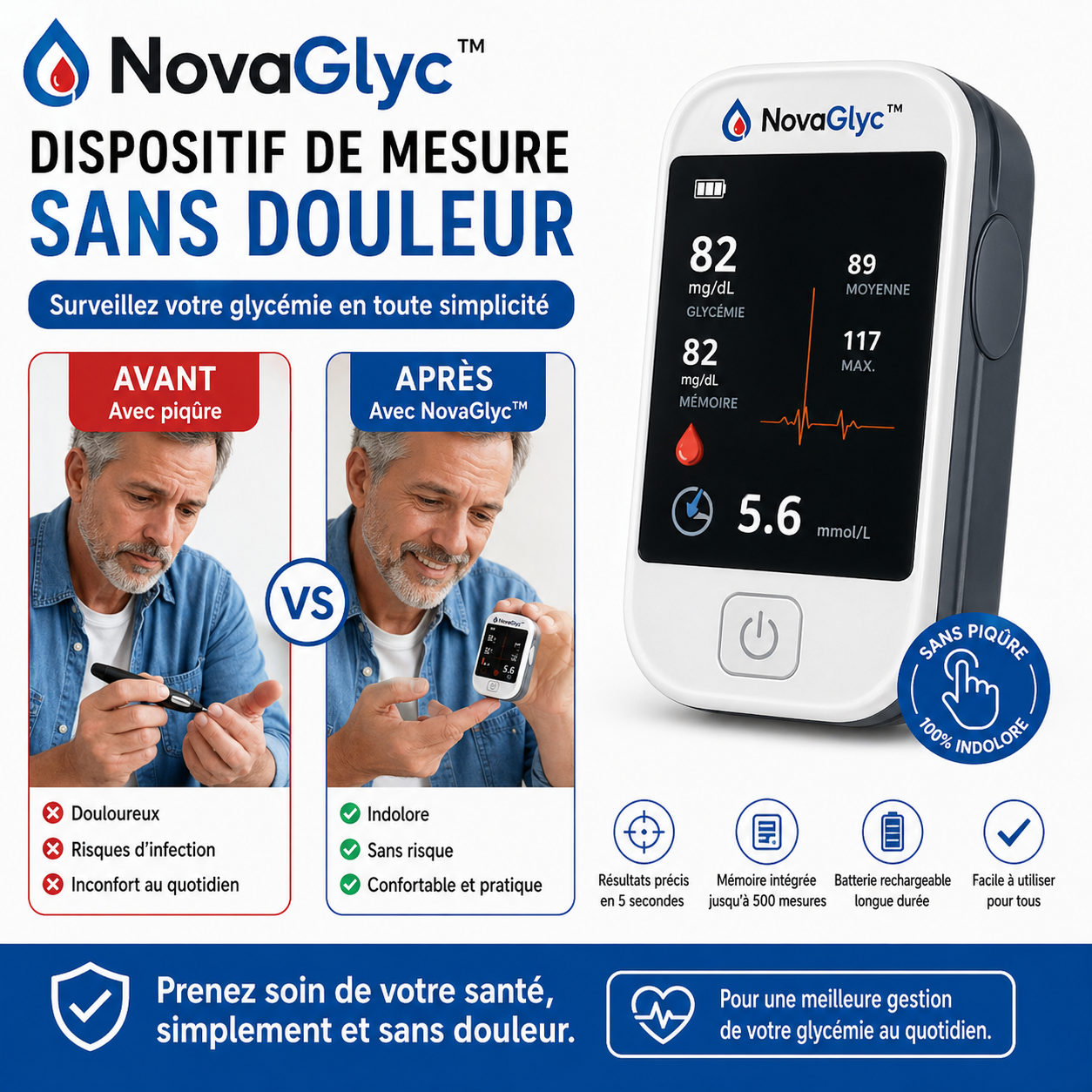 NovaGlyc™ Dispositif de Mesure Sans Douleur | Fini les piqûres aux doigts, lisez votre taux de sucre en 5 secondes !