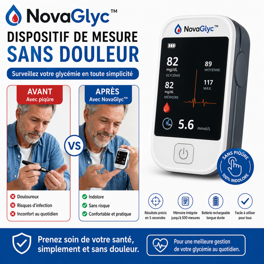 NovaGlyc™ Dispositif de Mesure Sans Douleur | Fini les piqûres aux doigts, lisez votre taux de sucre en 5 secondes !