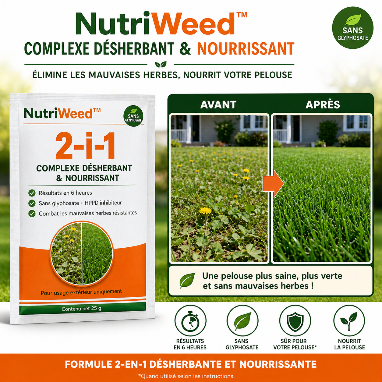 NutriWeed™ Complexe Désherbant & Nourrissant | Tuez les mauvaises herbes à la racine et densifiez votre pelouse dès aujourd'hui !