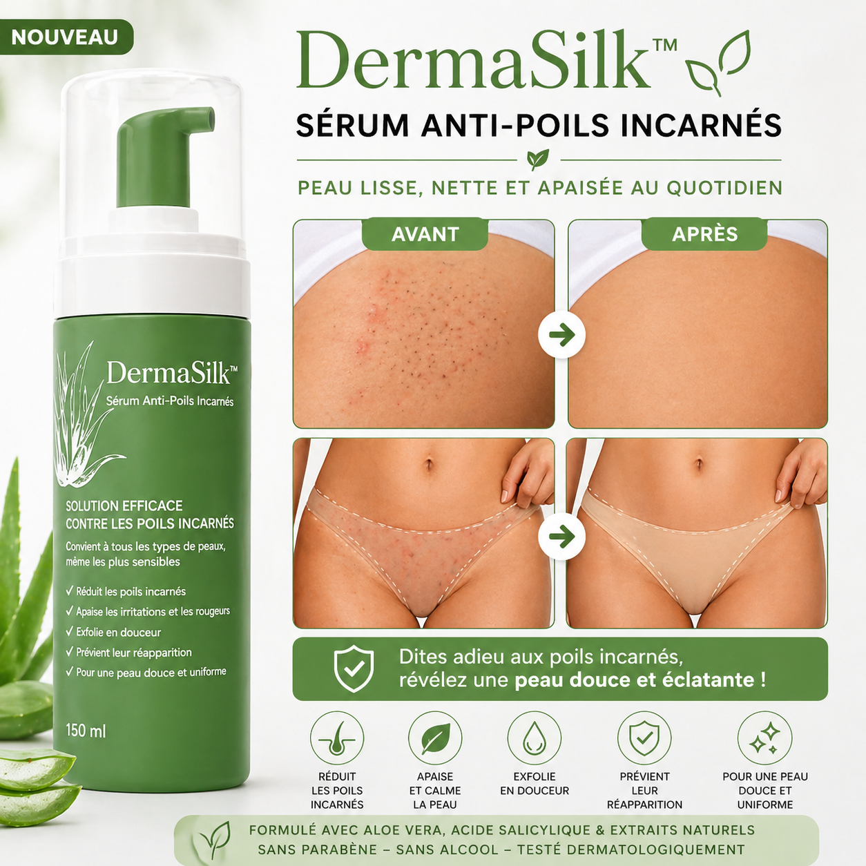 DermaSilk™ Sérum Anti-Poils Incarnés | Éliminez 95% des boutons et rougeurs de rasage en seulement 7 jours !