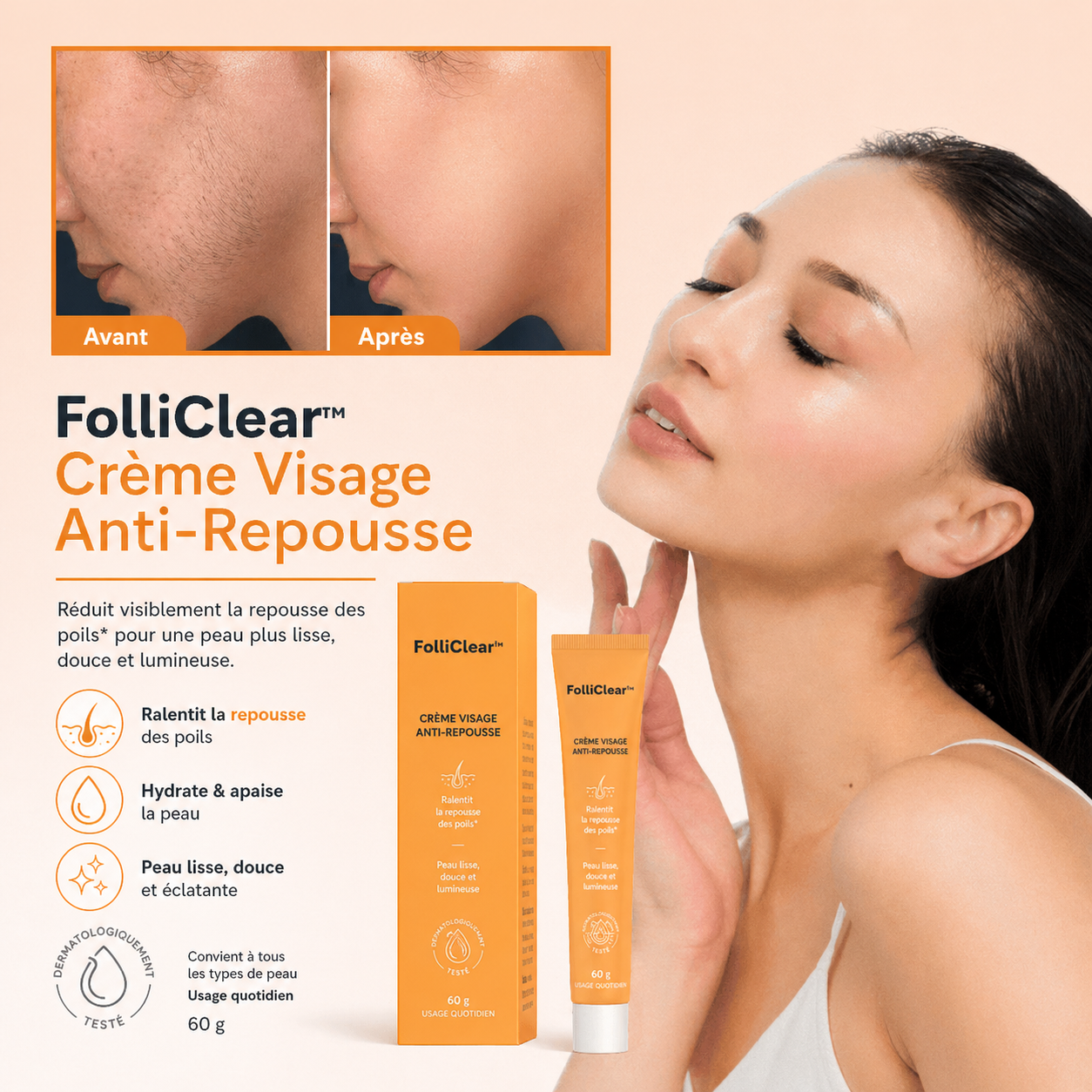 FolliClear™ Crème Visage Anti-Repousse | Éliminez définitivement le duvet facial à la racine en 4 jours, sans aucune douleur !