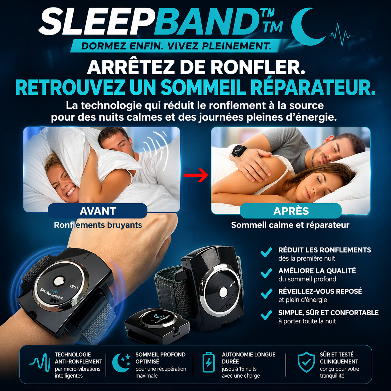 SleepBand™ Bracelet Anti-Ronflement | Éliminez 96 % des ronflements dès la première nuit !