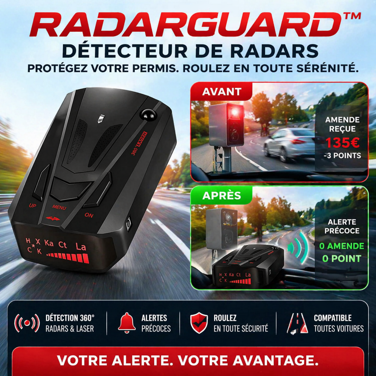 RadarGuard™ Détecteur Anti-Radar | Évitez les amendes et conduisez sereinement à chaque trajet !