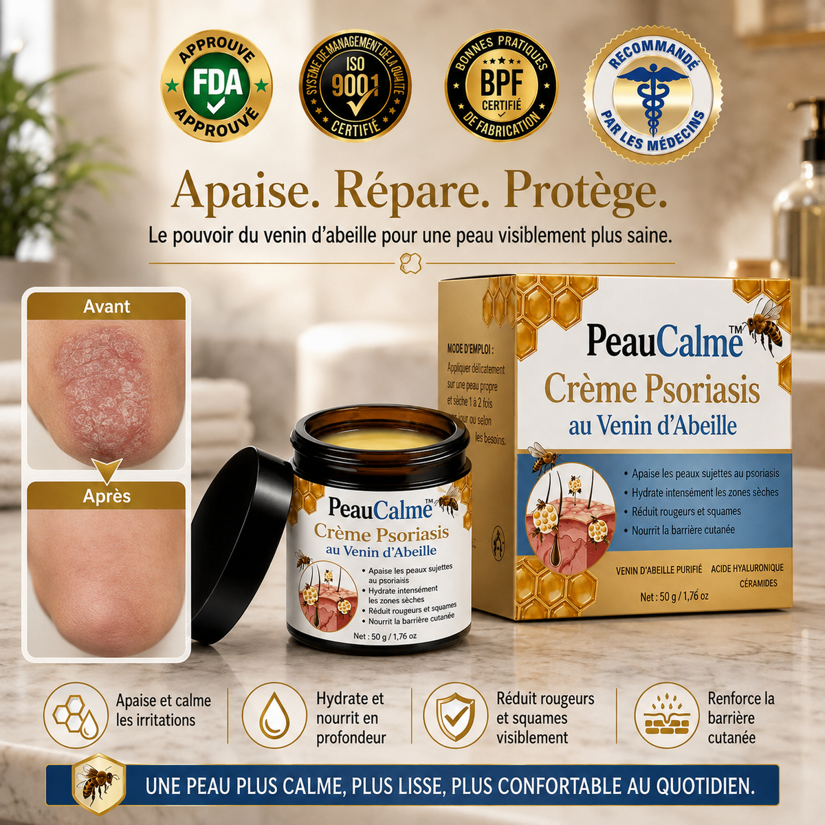 PeauCalme™ Crème Psoriasis au Venin d’Abeille | Stoppez les démangeaisons en 60 secondes, sans cortisone !
