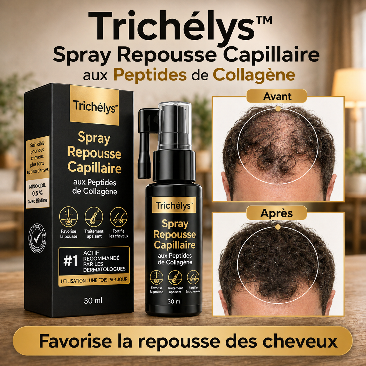 Trichélys™ Spray Repousse Capillaire aux Peptides de Collagène | Relancez la pousse des cheveux et épaississez votre chevelure en 3 minutes !