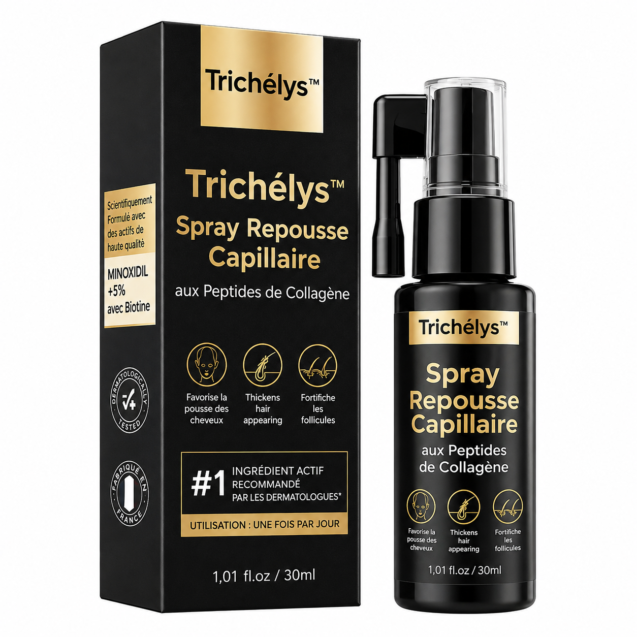 Trichélys™ Spray Repousse Capillaire aux Peptides de Collagène | Relancez la pousse des cheveux et épaississez votre chevelure en 3 minutes !