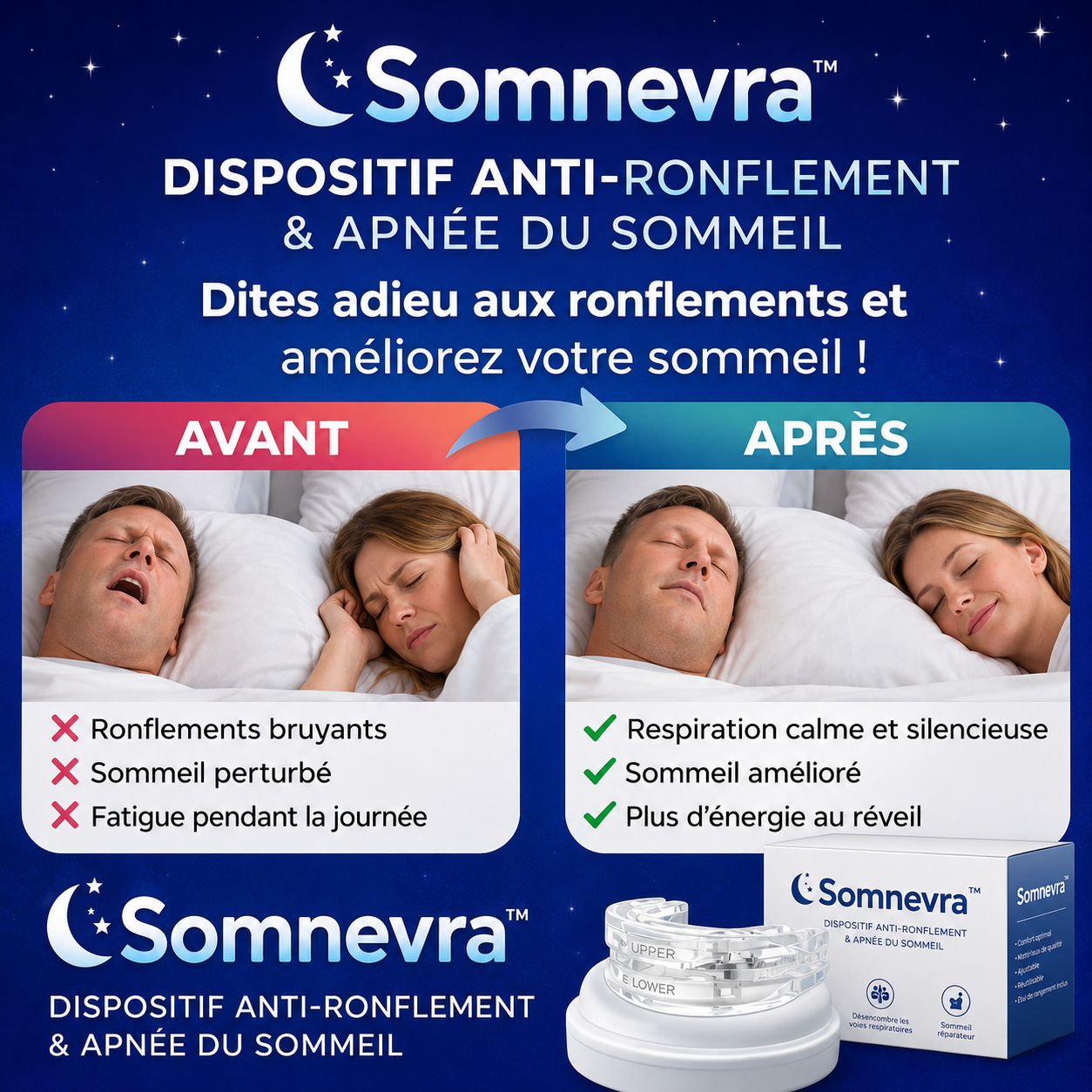 Somnevra™ Dispositif Anti-Ronflement & Apnée Nocturne | Respirez librement et dormez profondément dès la première nuit !