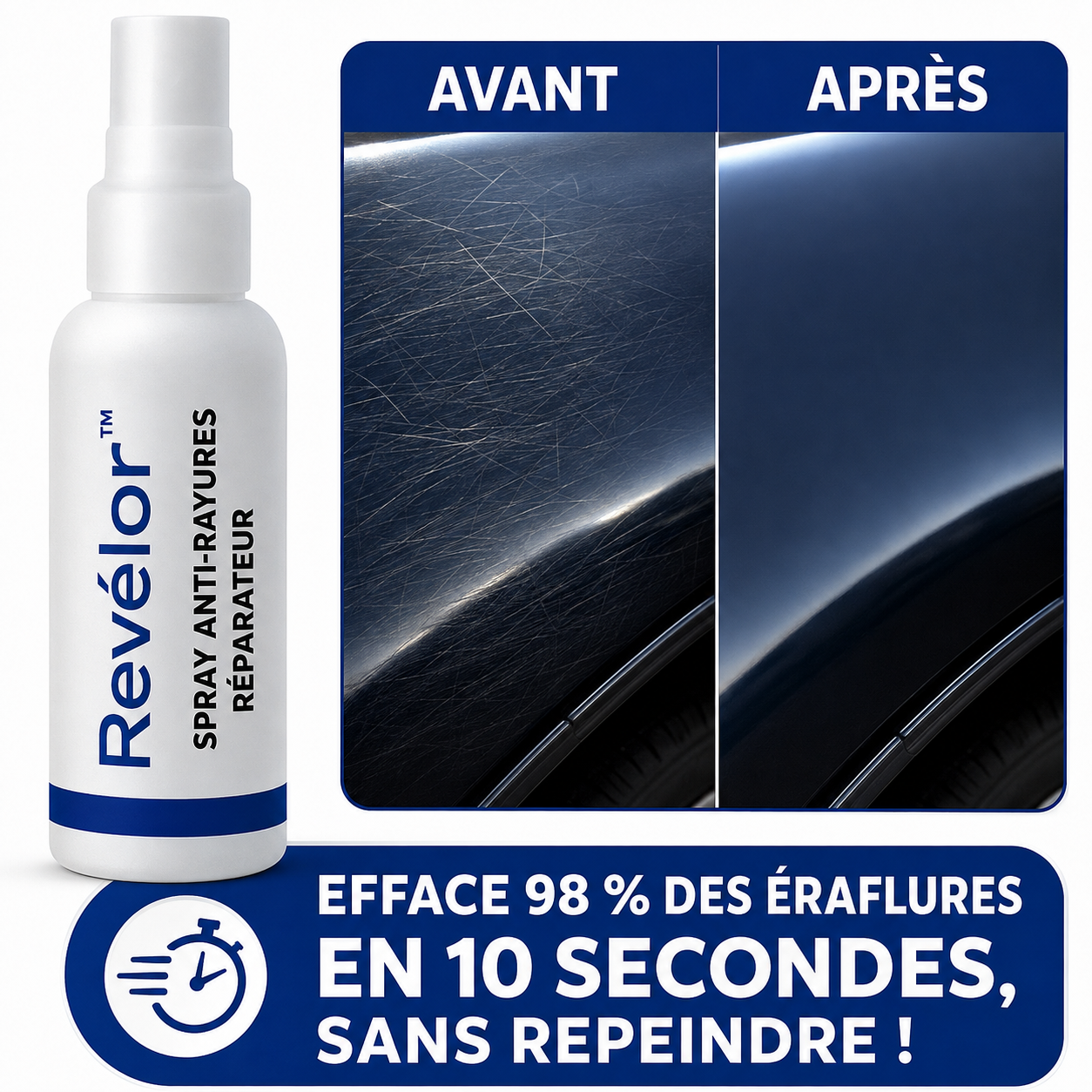 Revélor™ Spray Anti-Rayures Réparateur | Efface 98 % des Éraflures en 10 Secondes, Sans Repeindre!