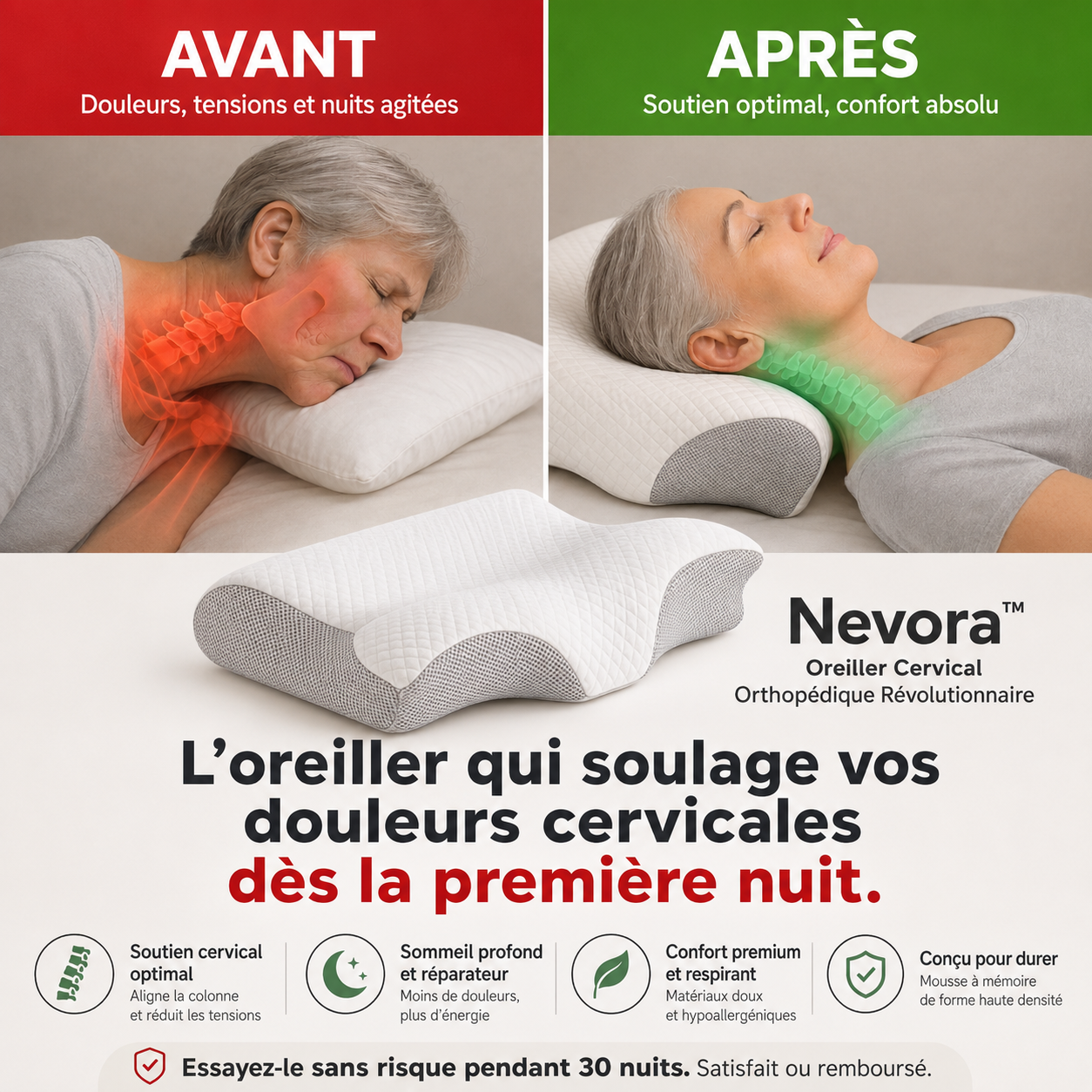 Nevora™ Oreiller Cervical Orthopédique Révolutionnaire | Éliminez ronflements et douleurs cervicales dès la première nuit !