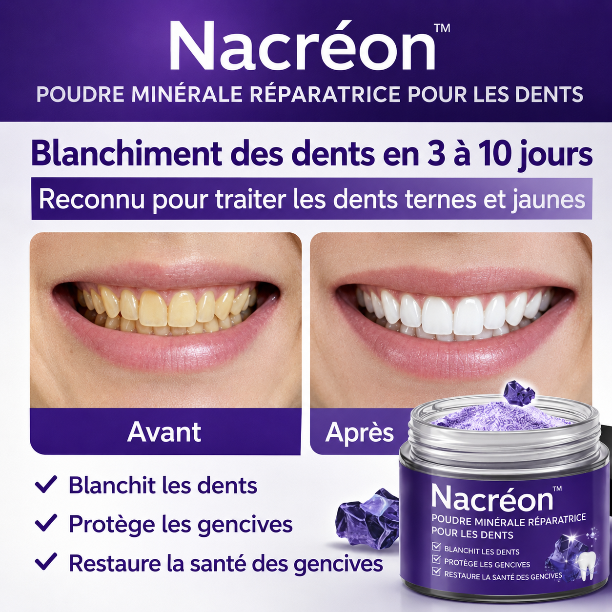 Nacréon™ Poudre Minérale Réparatrice pour les Dents | Stoppez les saignements et refixez vos dents naturellement !