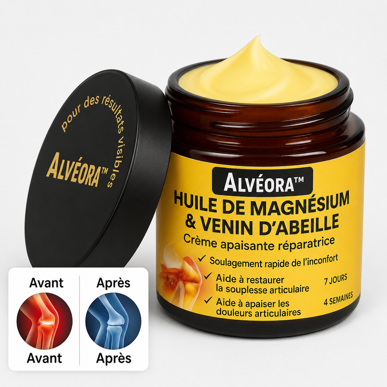 Alvéora™ Crème Anti-douleur au Magnésium et au Venin d'Abeille | Supprime vos douleurs articulaires en un instant!