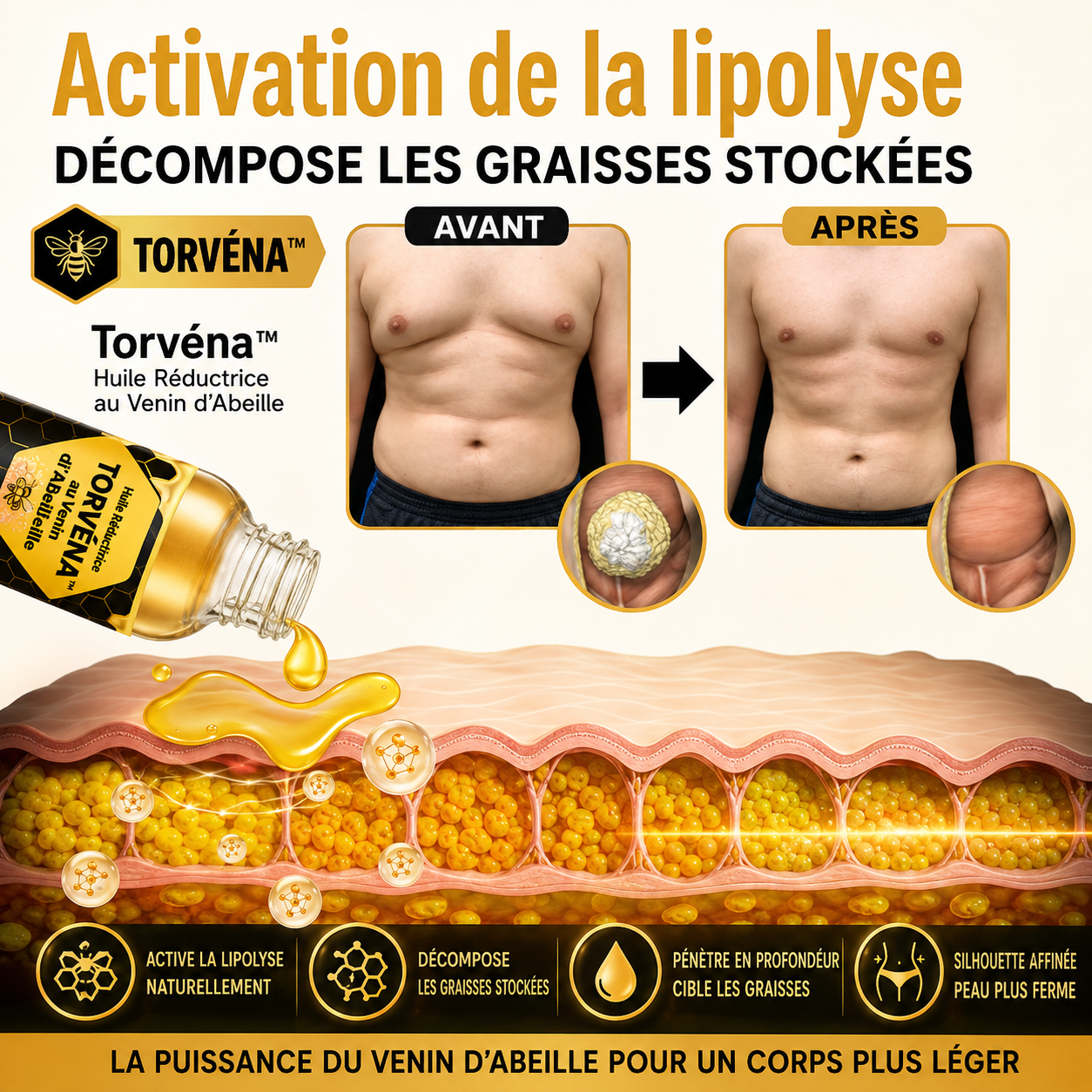 Torvéna™ Huile Réductrice au Venin d’Abeille | Élimine les seins masculins en 7 jours chrono!