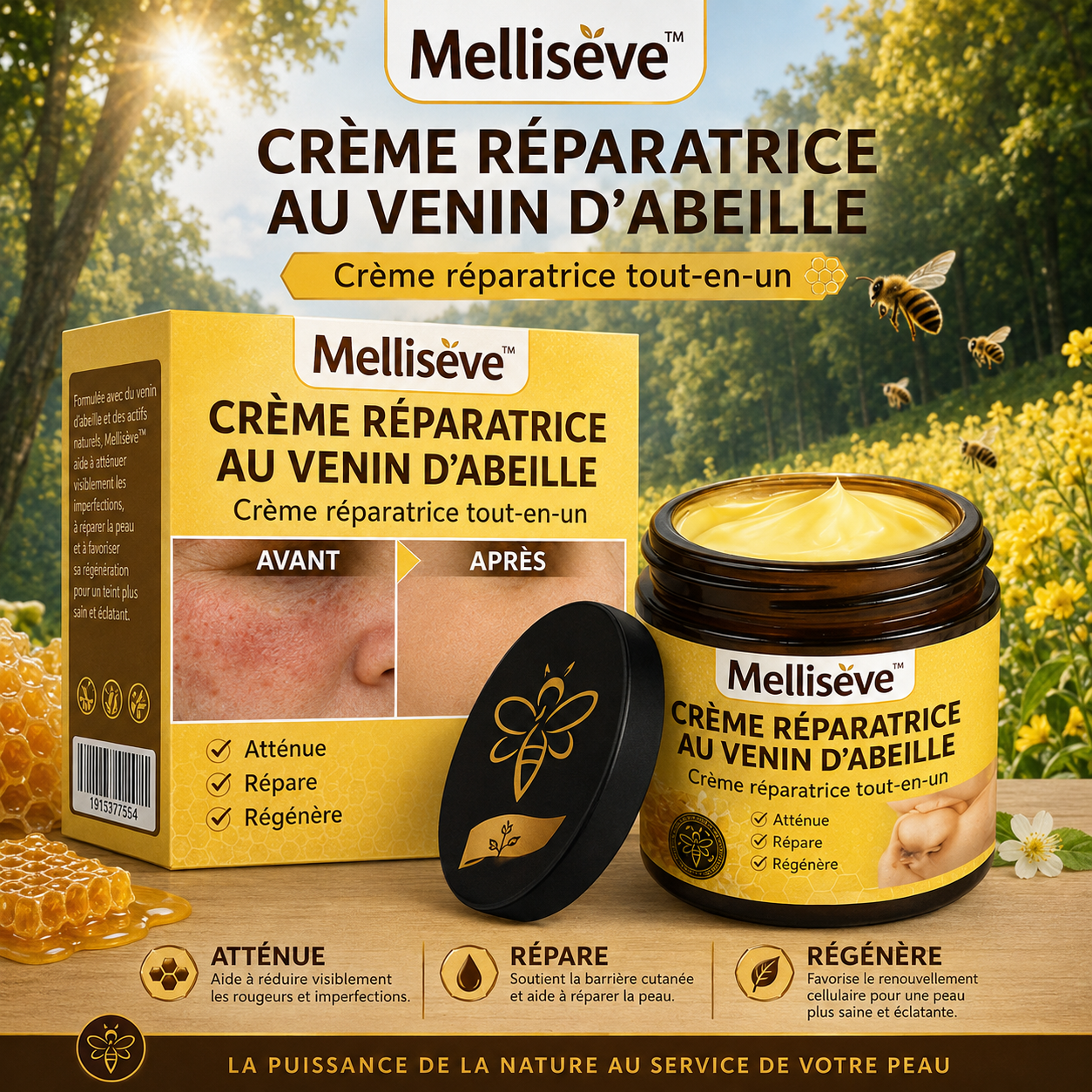 Mellisève™ Crème Réparatrice au Venin d’Abeille | Élimine eczéma, boutons et rougeurs dès la première application!