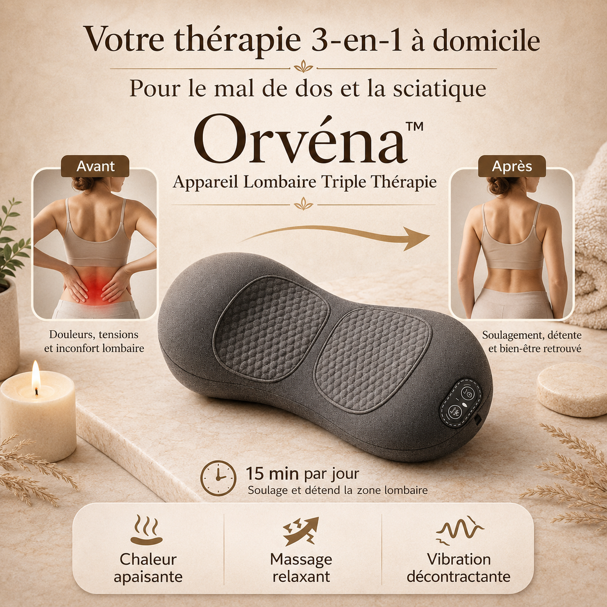 Orvéna™ Appareil Lombaire Triple Thérapie | Éliminez la sciatique et le mal de dos en 15 minutes par jour !