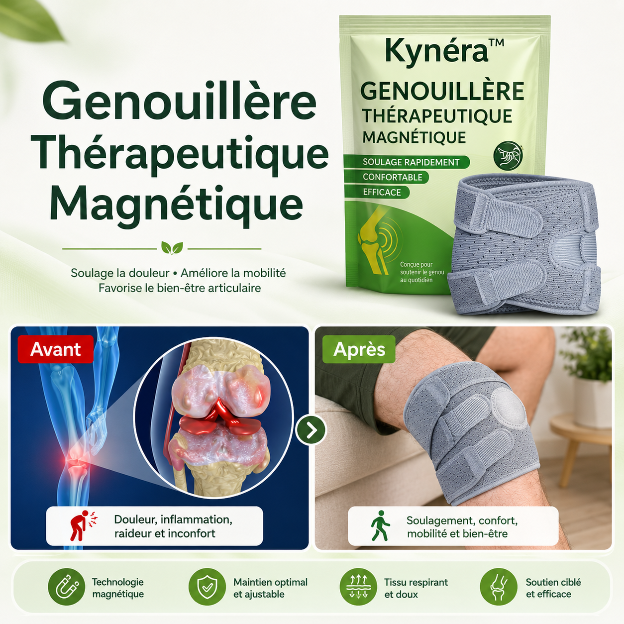 Kynéra™ Genouillère Thérapeutique Magnétique | Éliminez la douleur du genou en 3 minutes !