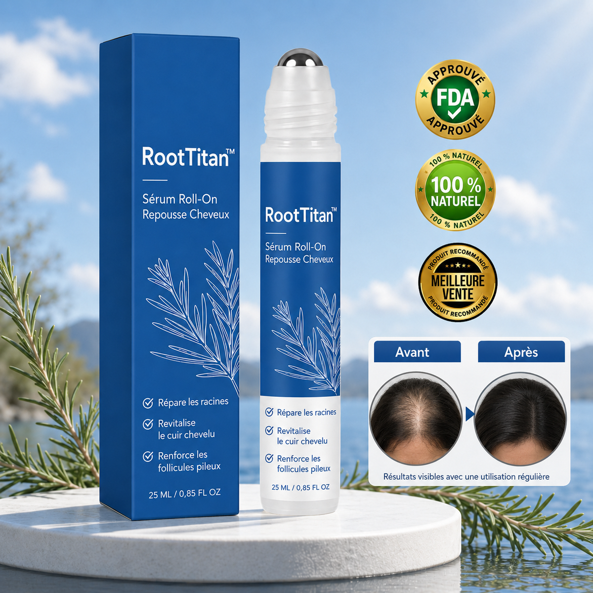 RootTitan™ Sérum Roll-On Repousse Cheveux | Ciblez les zones clairsemées et retrouvez des cheveux plus denses dès la racine !