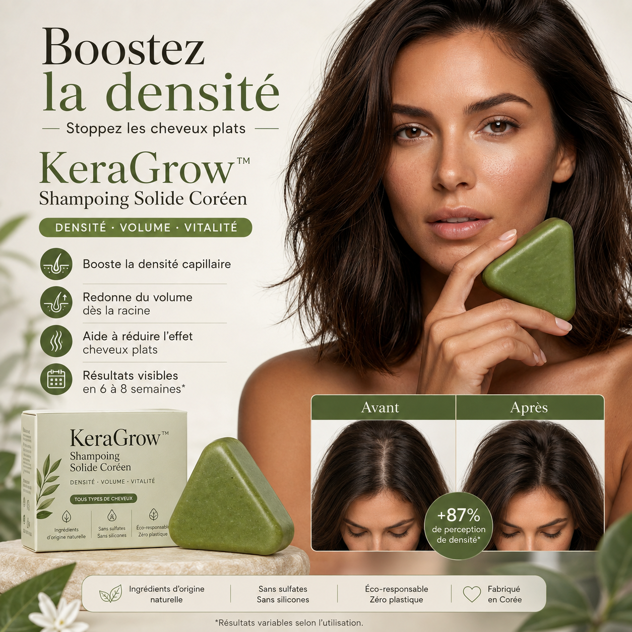 KeraGrow™ Shampoing Solide Coréens | Boostez la densité et stoppez les cheveux plats en 6 à 8 semaines !
