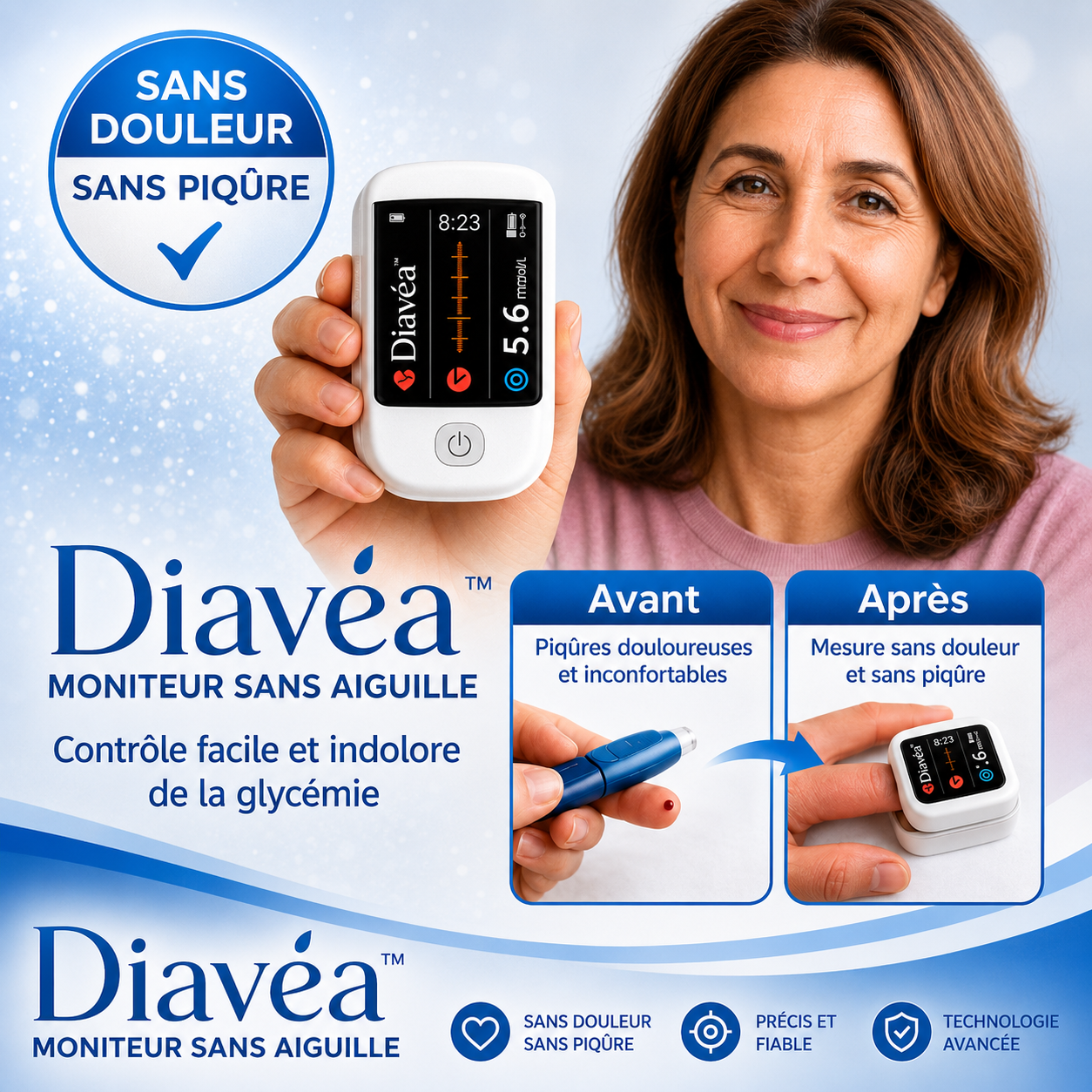 Diavéa™ Moniteur Sans Aiguille | Oubliez les piqûres, posez votre doigt et contrôlez votre glycémie en 5 secondes sans douleur !