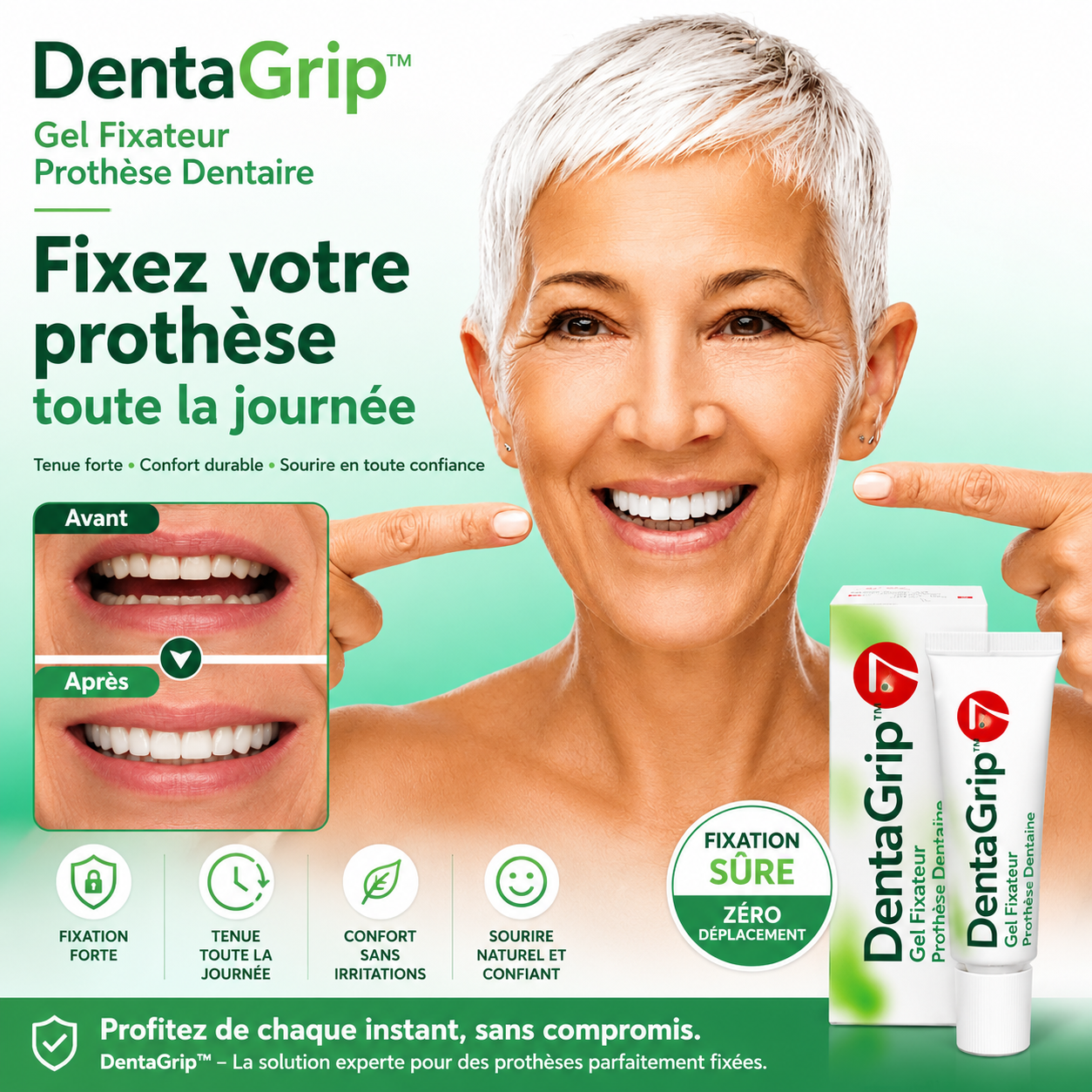 DentaGrip™ Gel Fixateur Prothèse Dentaire | Fixez vos dents toute la journée sans colle, sans gêne ni salissure !