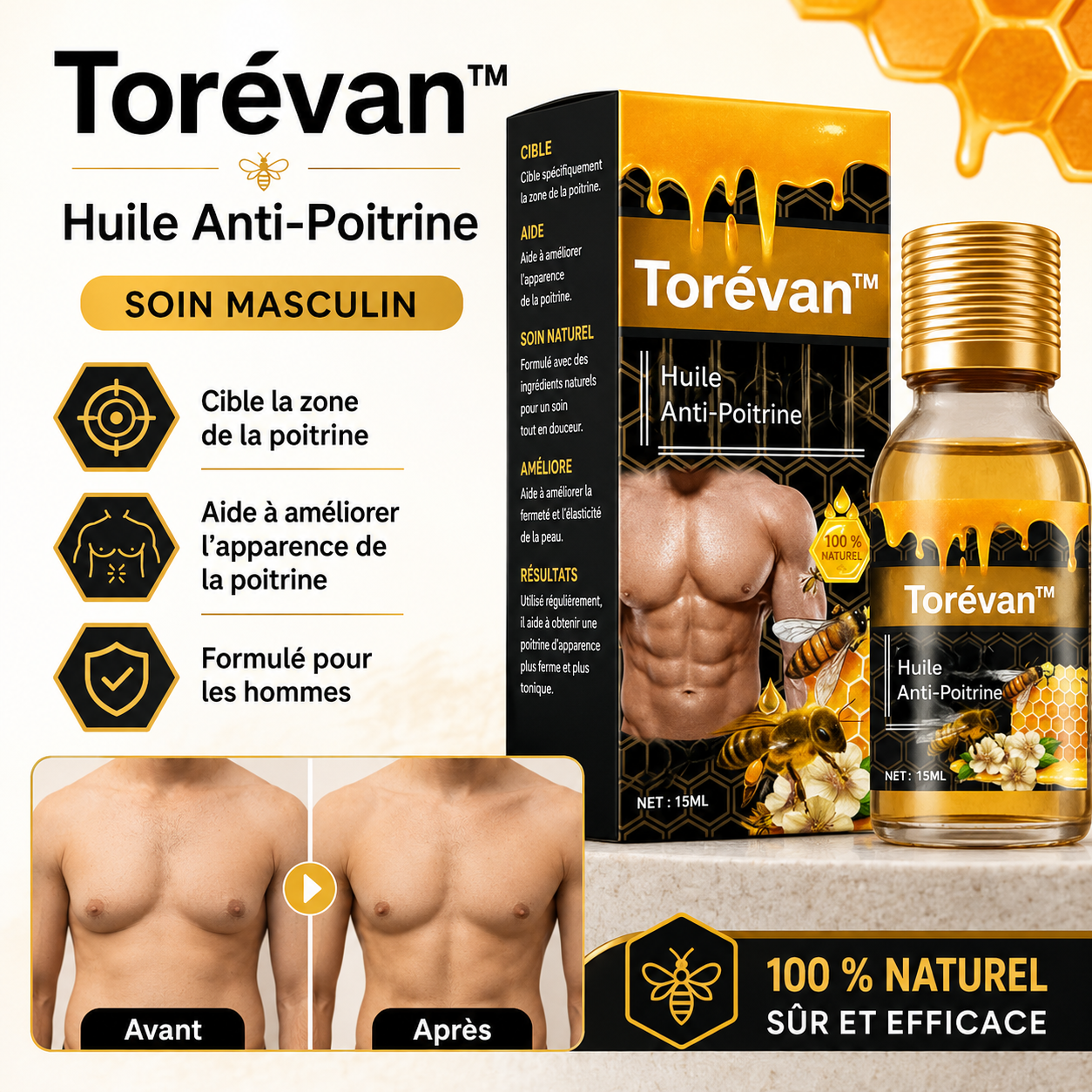 Torévan™ Huile Anti-Poitrine | Réduit la Poitrine chez les Hommes en 7 Jours, Sans Chirurgie!