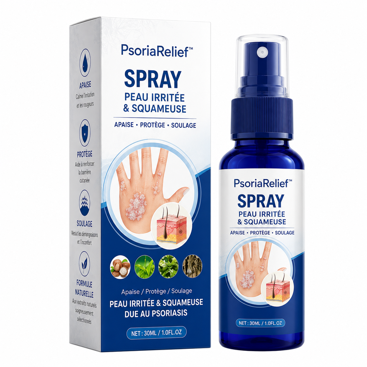 PsoriaRelief™ Spray Peau Irritée & Squameuse | Soulagez les démangeaisons sans frotter, sans coller, sans souffrir !