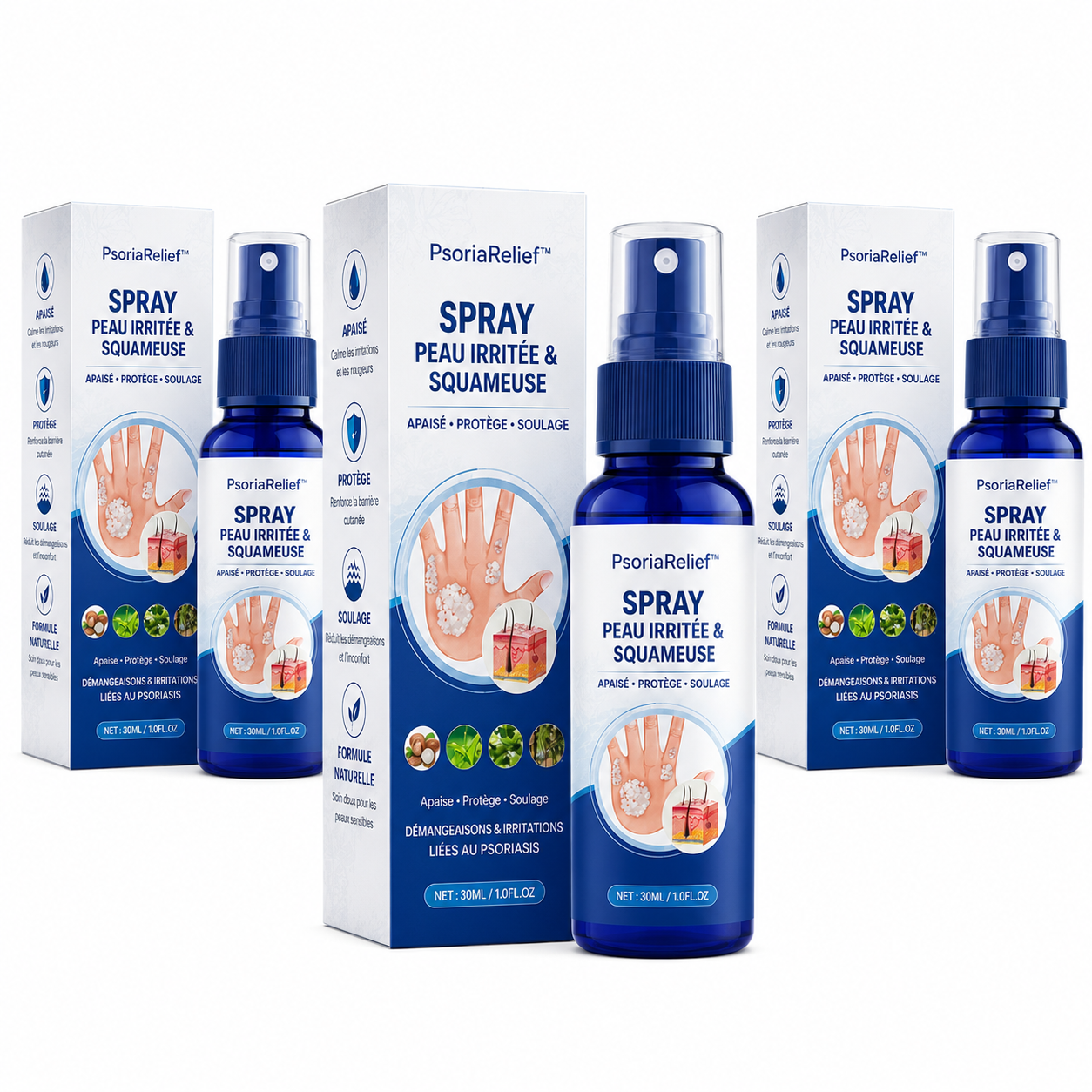 PsoriaRelief™ Spray Peau Irritée & Squameuse | Soulagez les démangeaisons sans frotter, sans coller, sans souffrir !