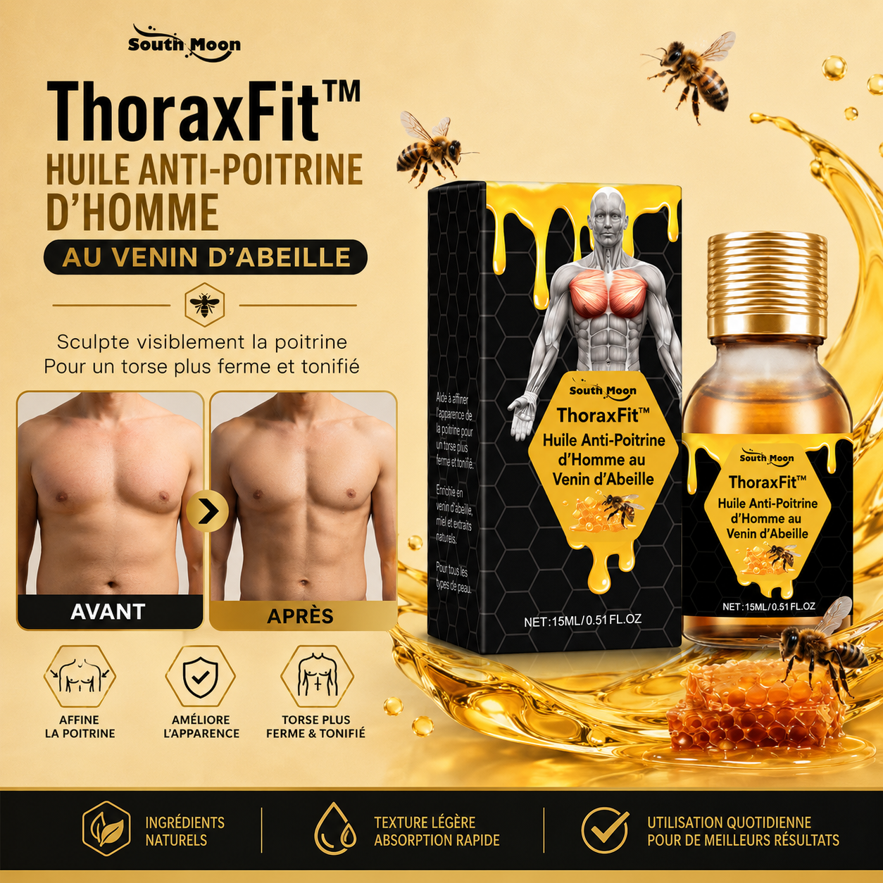 ThoraxFit™ Huile Anti-Poitrine d’Homme au Venin d’Abeille | Raffermissez votre torse et osez enfin retirer votre t-shirt !