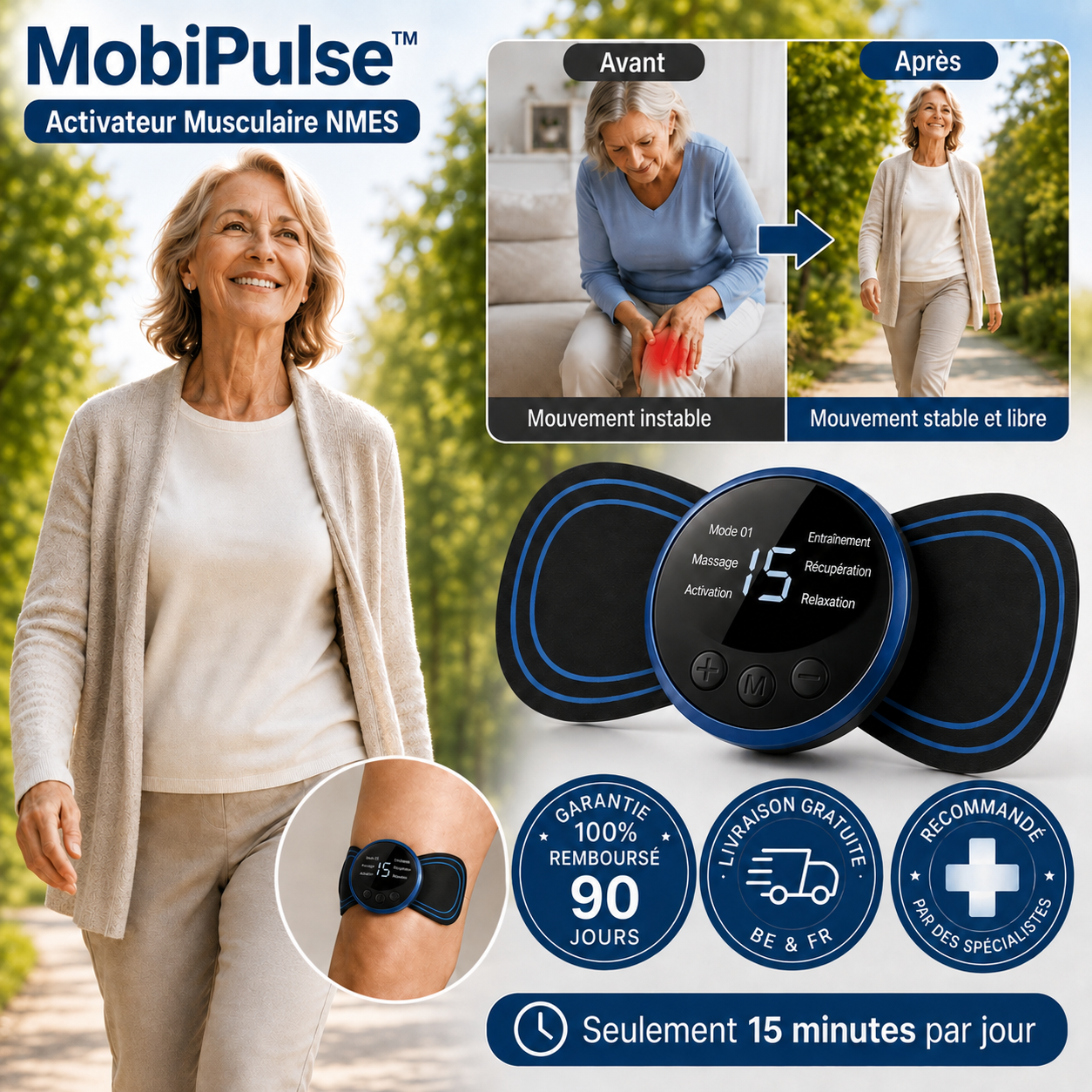 MobiPulse™ Activateur Musculaire NMES | Retrouvez stabilité, force et mobilité en 15 minutes par jour, sans effort ni rendez-vous !