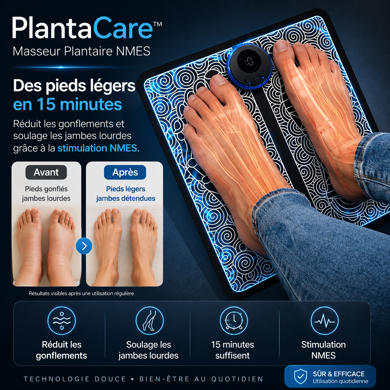 PlantaCare™ Masseur Plantaire NMES | Éliminez les gonflements et retrouvez des jambes légères en seulement 15 minutes !