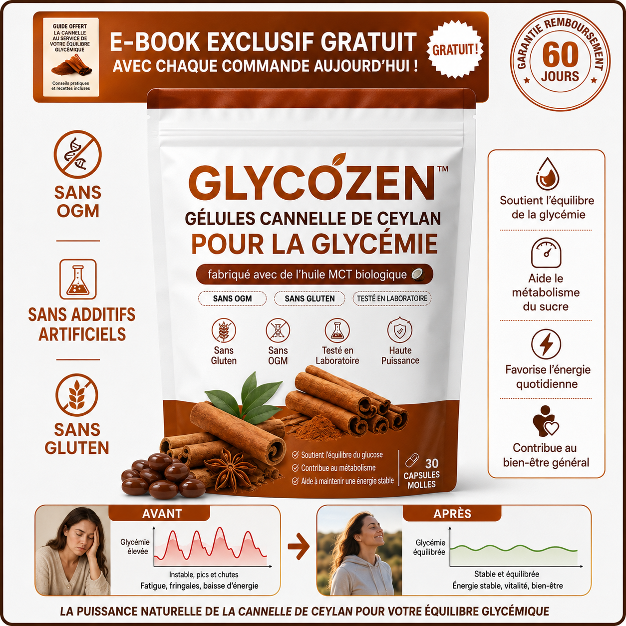 GlycoZen™ Gélules Cannelle de Ceylan pour la Glycémie | Stoppez les pics de sucre et retrouvez une énergie stable en 7 jours !