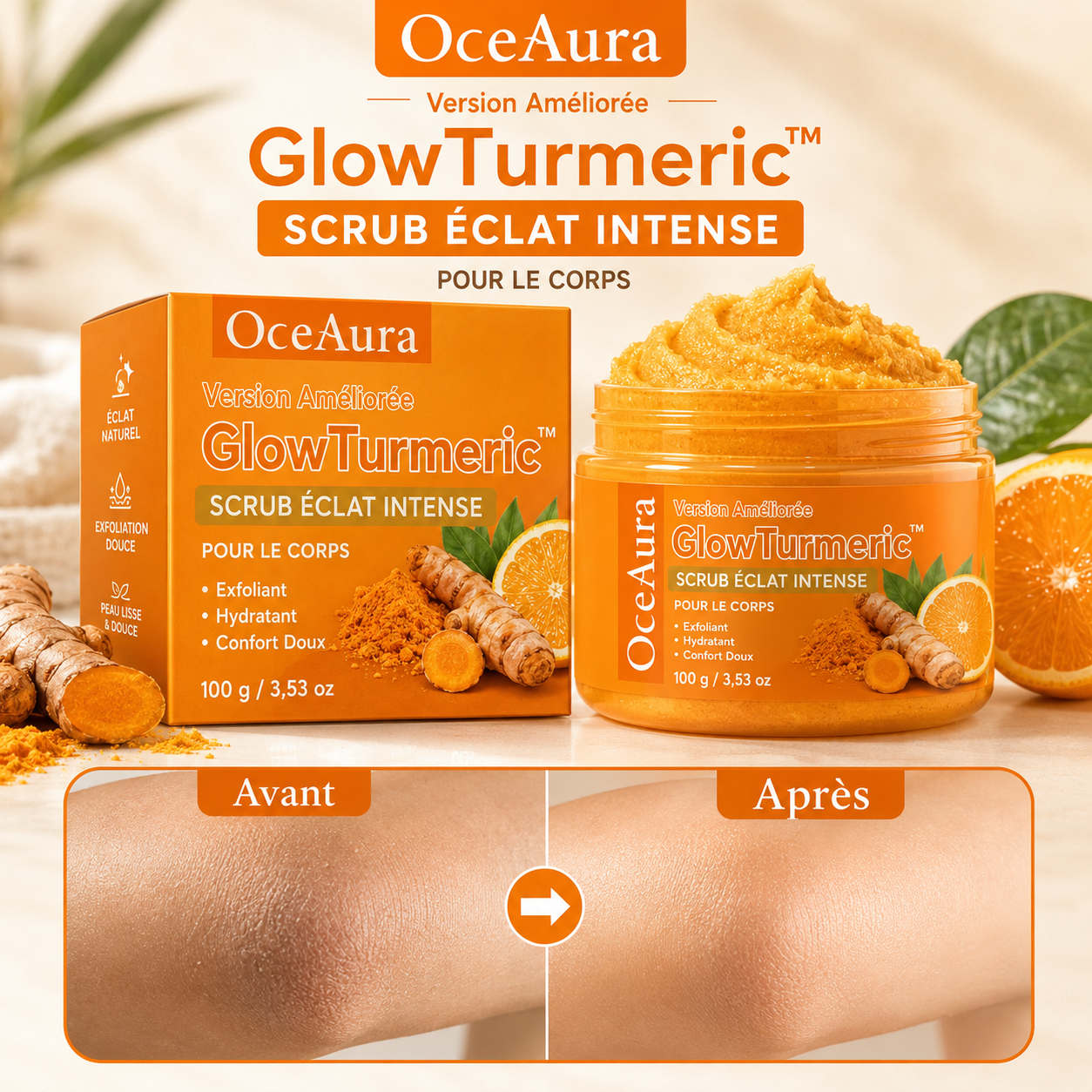 GlowTurmeric™ Scrub Éclat Intense | Exfolie les peaux mortes, lisse les zones rugueuses et révèle un glow doré en quelques minutes !