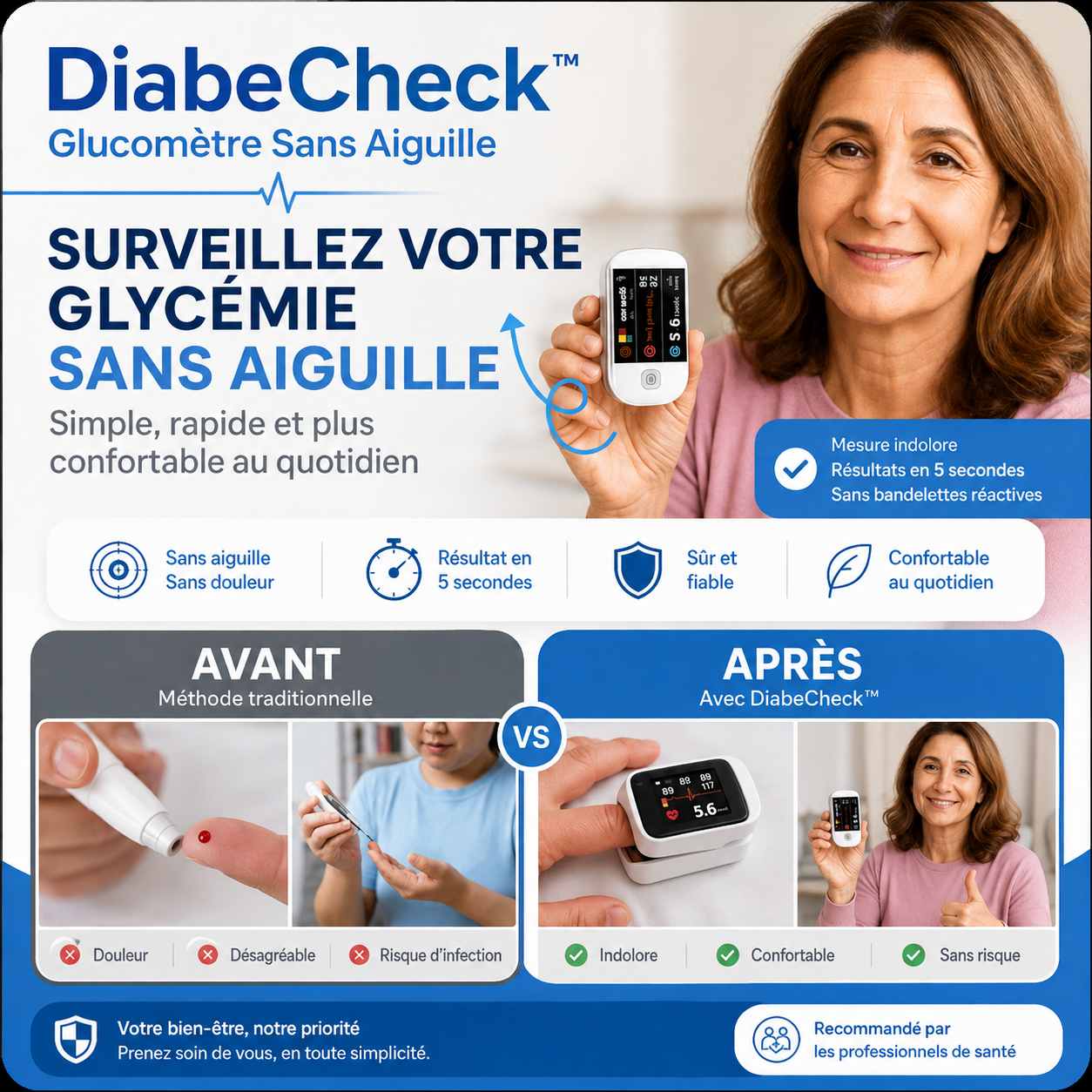 DiabeCheck™ Glucomètre Sans Aiguille | Mesurez votre glycémie en 5 secondes, sans piqûre ni douleur !