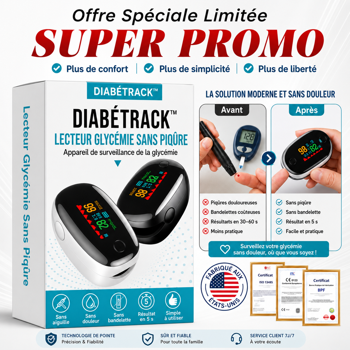 DiabéTrack™ Lecteur Glycémie Sans Piqûre | Surveillez votre sucre en 5 secondes sans aiguille, sans douleur et sans bandelette !