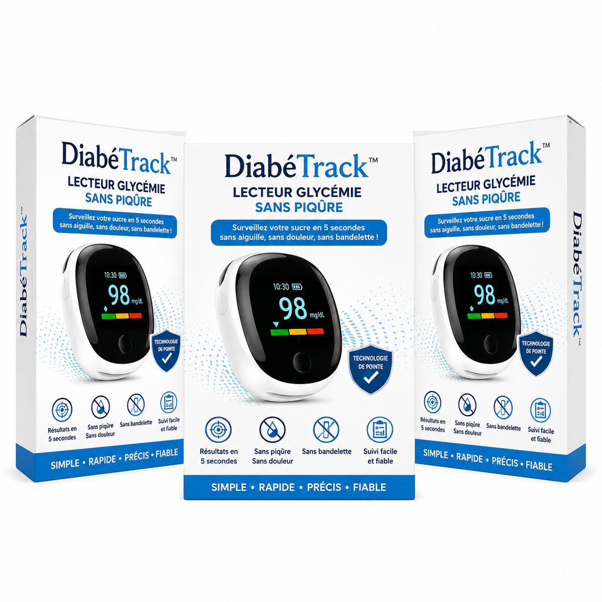DiabéTrack™ Lecteur Glycémie Sans Piqûre | Surveillez votre sucre en 5 secondes sans aiguille, sans douleur et sans bandelette !