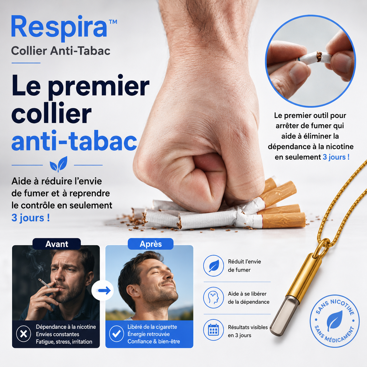 Respira™ Collier Anti-Tabac | Le premier outil pour arrêter de fumer qui t’aide à éliminer la dépendance à la nicotine en seulement 3 jours !