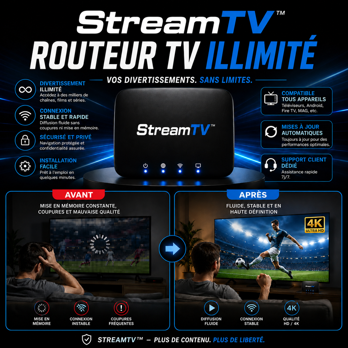 StreamTV™ Routeur TV Illimité | Supprimez vos factures télé et profitez de 10 000 chaînes gratuites en 60 secondes !