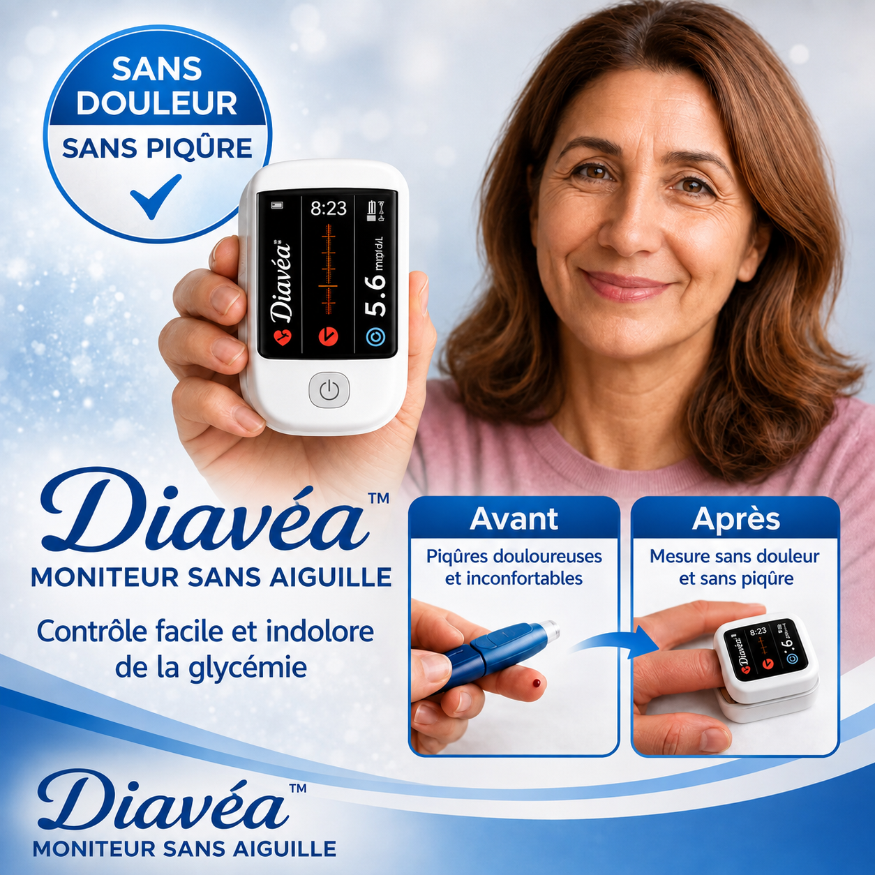 Diavéa™ Moniteur Sans Aiguille | Oubliez les piqûres, posez votre doigt et contrôlez votre glycémie en 5 secondes sans douleur !