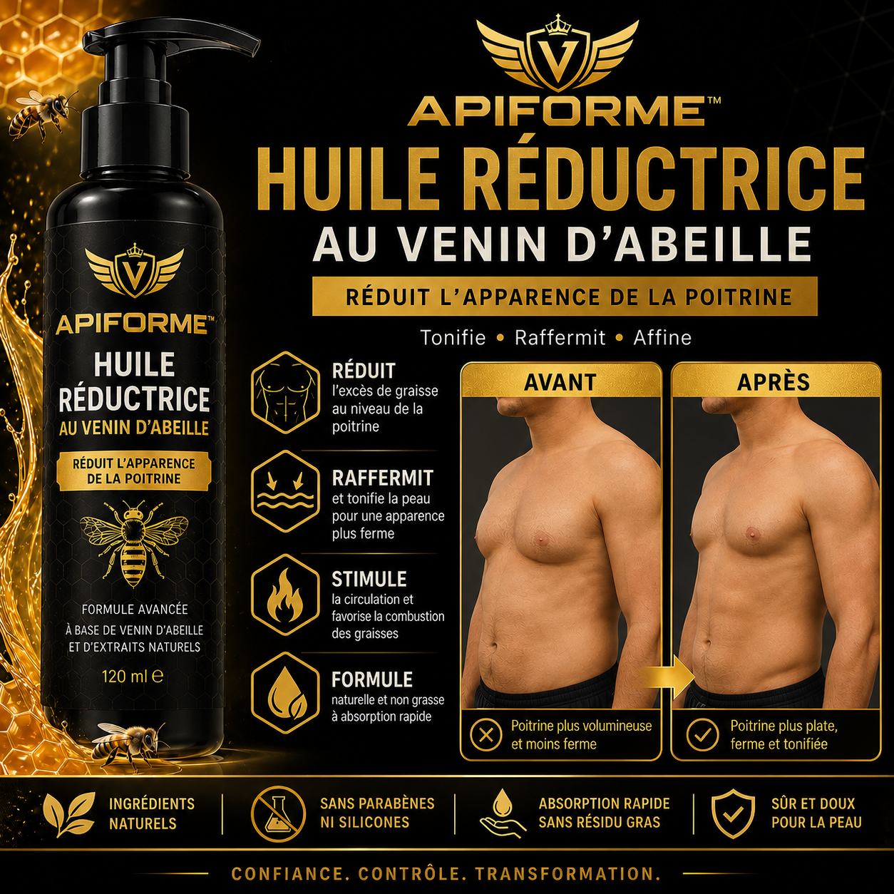 Apiforme™ Huile Réductrice au Venin d’Abeille | Élimine les seins masculins en 7 jours chrono!