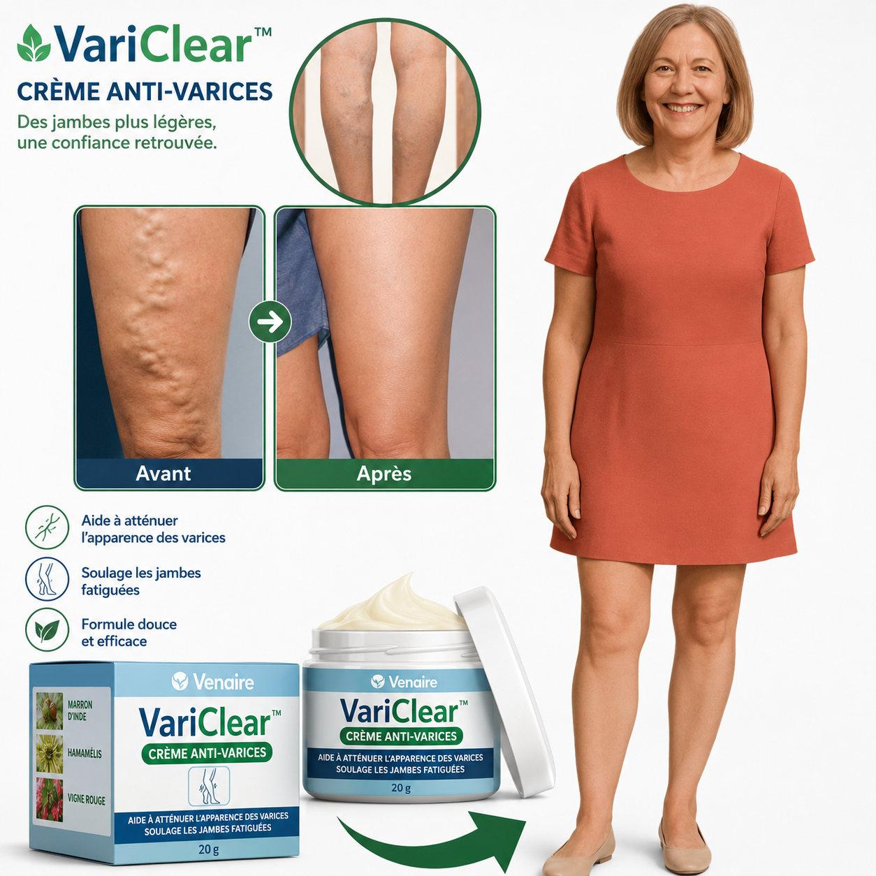 VariClear™ Crème Anti-Varices | Aide à atténuer l’apparence des varices et à prendre soin des jambes fatiguées !