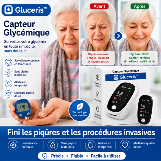 Gluceris™ Capteur Glycémique | Contrôlez votre glycémie en 5 secondes, sans piqûres, sans douleur !