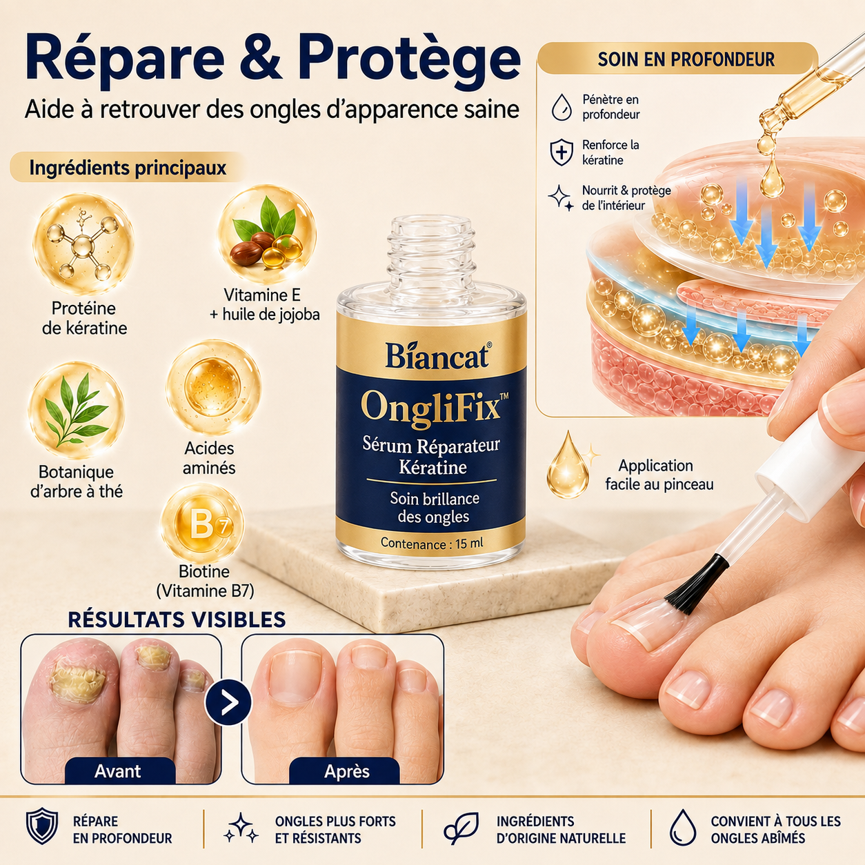 OngliFix™ Sérum Réparateur Kératine | Renforcez vos ongles fragiles et dites adieu à l’aspect jaune, strié et abîmé !