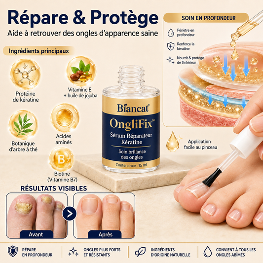 OngliFix™ Sérum Réparateur Kératine | Renforcez vos ongles fragiles et dites adieu à l’aspect jaune, strié et abîmé !