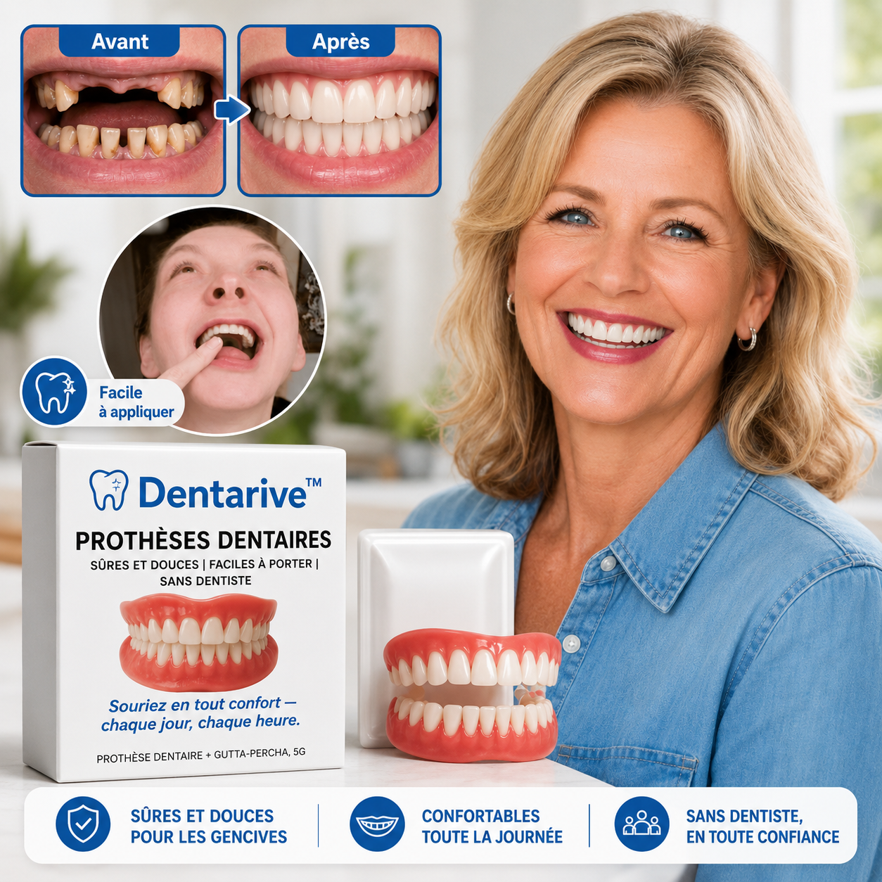 Dentarive™ Prothèses dentaires | Retrouvez votre sourire naturel en 3 minutes !