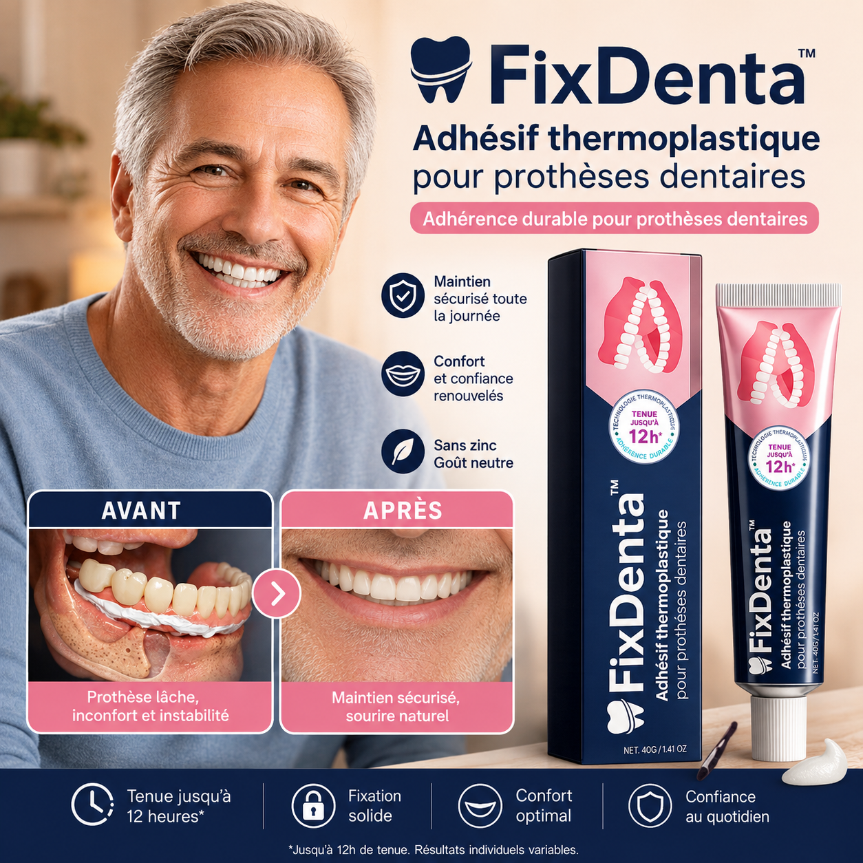 FixDenta™ Adhésif pour Prothèses Dentaires | Maintient vos prothèses dentaires de façon stable jusqu'à 5 jours !