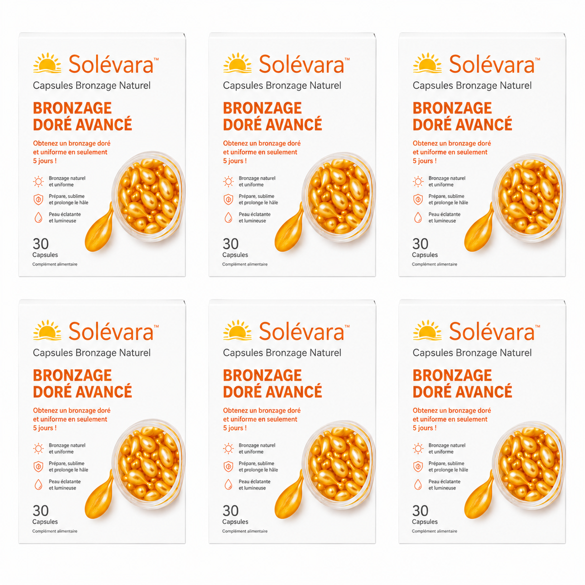 Solévara™ Capsules Bronzage Naturel | Obtenez un bronzage doré et uniforme en seulement 5 jours !