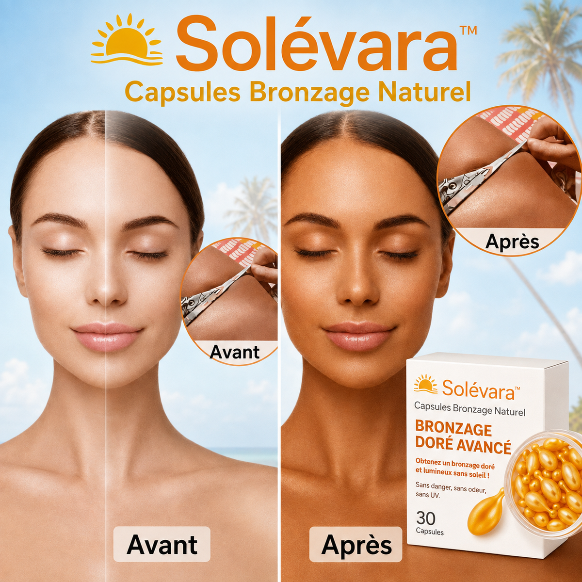 Solévara™ Capsules Bronzage Naturel | Obtenez un bronzage doré et uniforme en seulement 5 jours !