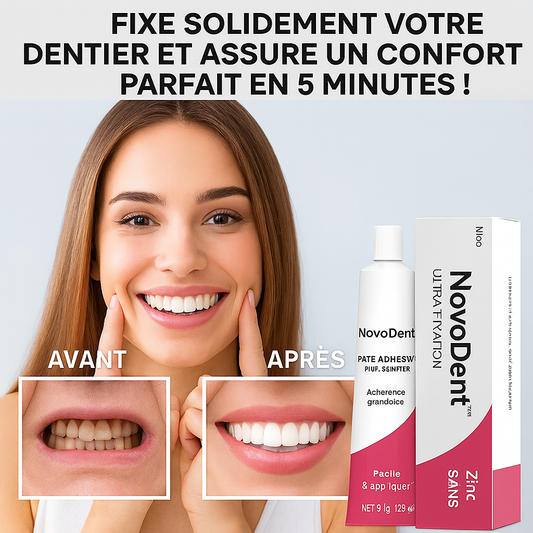NovoDent™ Pâte Adhésive Ultra-Fixation | Stabilisez votre dentier en 5 minutes et retrouvez un confort parfait toute la journée !