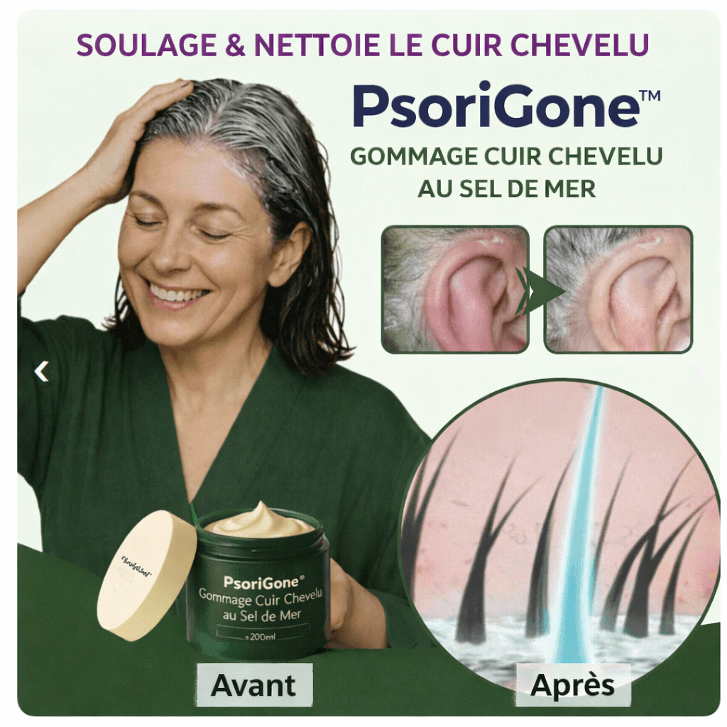 PsoriGone™ Gommage Cuir Chevelu au Sel de Mer | Éradiquez la psoriasis du crâne en 3 jours, sans cortisone !