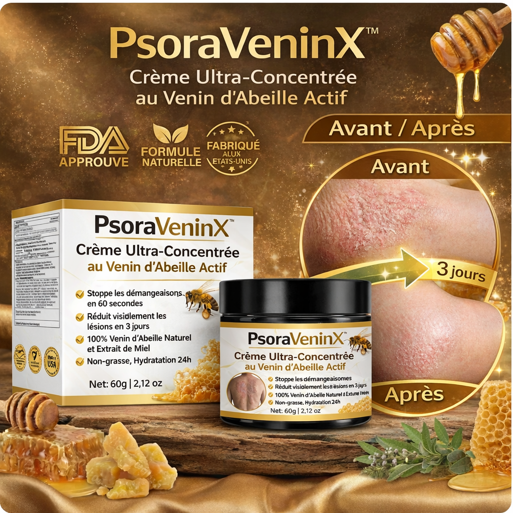 PsoraVeninX™ Crème Ultra-Concentrée au Venin d’Abeille Actif | Élimine plaques, rougeurs et démangeaisons dès la 1ère application !